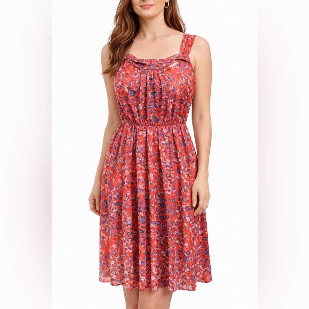 Rachel Roy Pink Floral Sleeveless Midi Dress Pockets Elastic Waist S